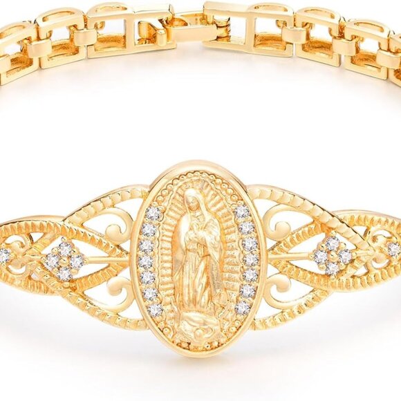 Gold Catholic Virgin Mary Bracelet 14k Gold Plated Religious Jewelry for Women - Picture 1 of 6